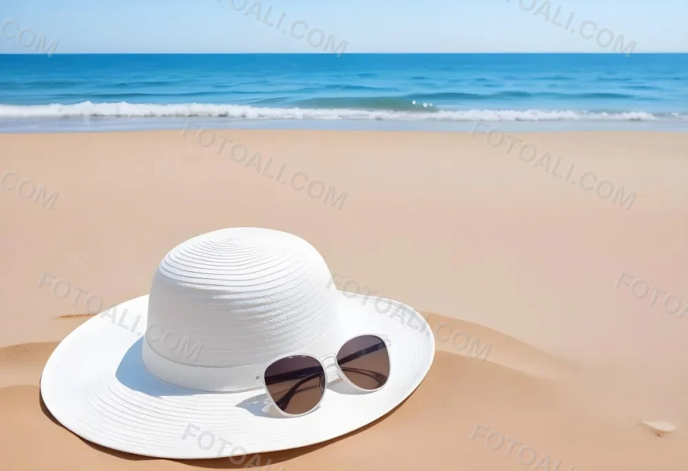 A White Sun Hat With Sunglasses On The Sand Blue Sea And Clear Sky In The Background Summer Vacation Concept Beach Scene 1 B725