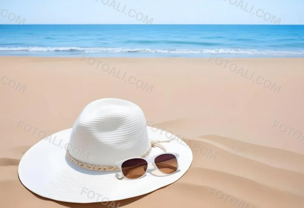 A White Sun Hat With Sunglasses On The Sand Blue Sea And Clear Sky In The Background Summer Vacation Concept Beach Scene 10 80f4