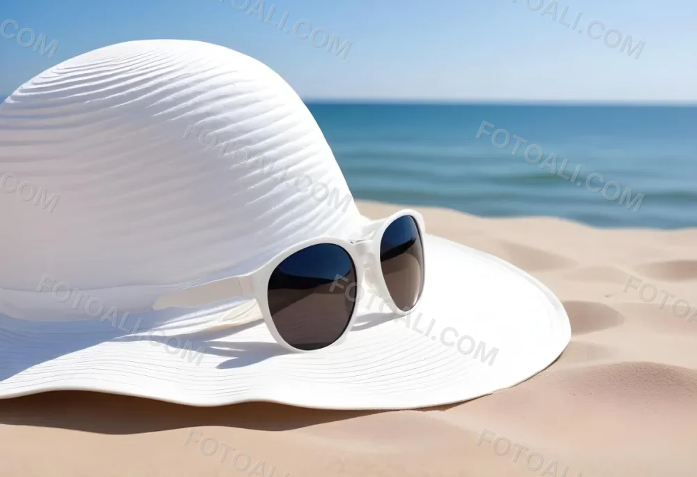 A White Sun Hat With Sunglasses On The Sand Blue Sea And Clear Sky In The Background Summer Vacation Concept Beach Scene 12 09a8