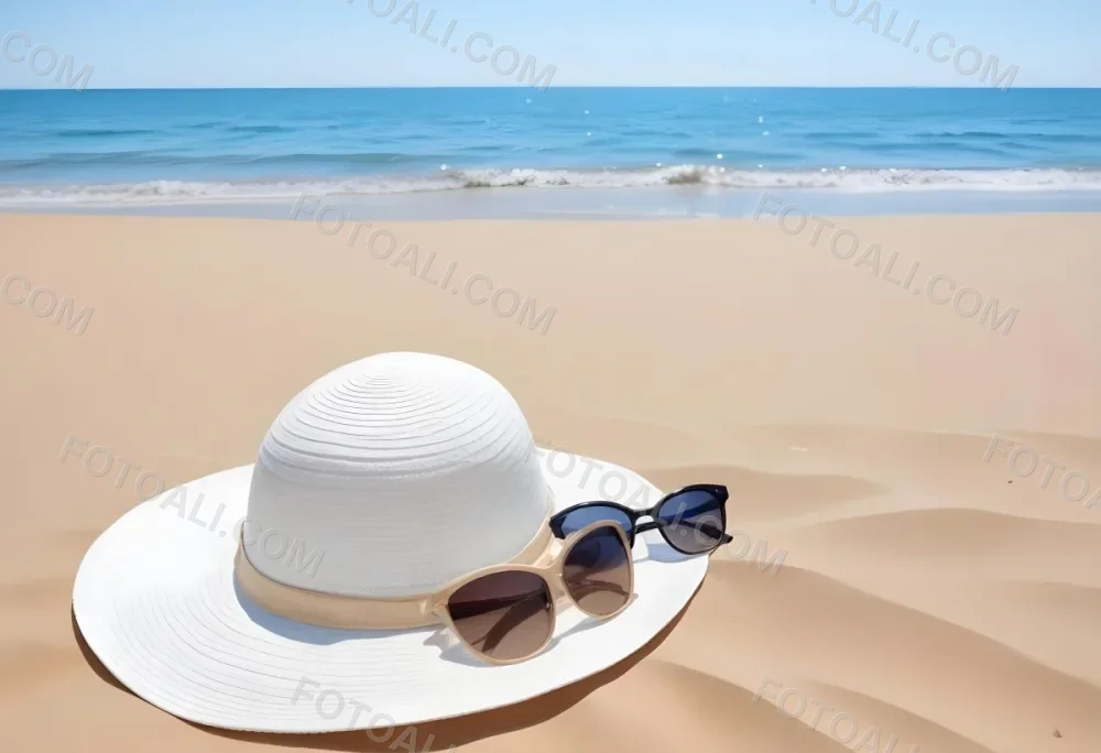 A White Sun Hat With Sunglasses On The Sand Blue Sea And Clear Sky In The Background Summer Vacation Concept Beach Scene 15 Cd06