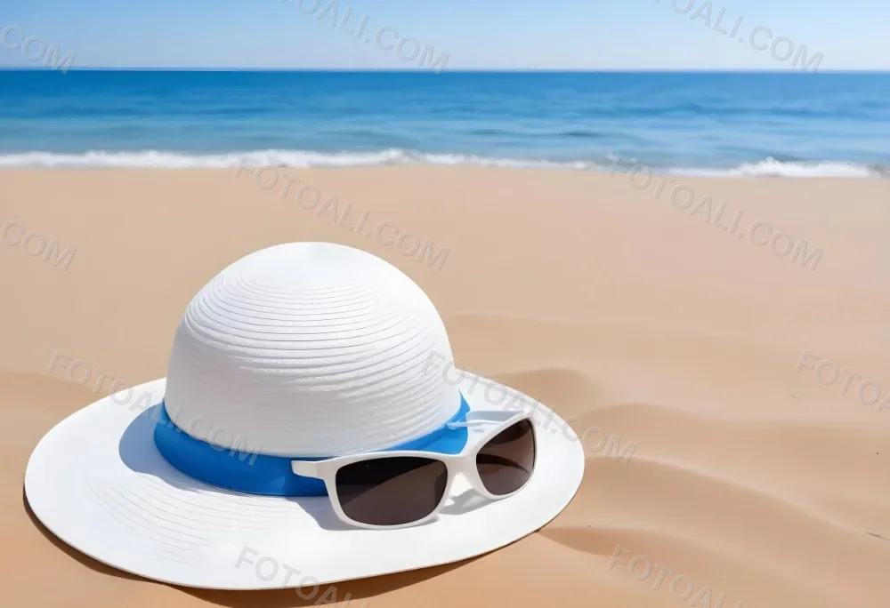 A White Sun Hat With Sunglasses On The Sand Blue Sea And Clear Sky In The Background Summer Vacation Concept Beach Scene 2 7d1e