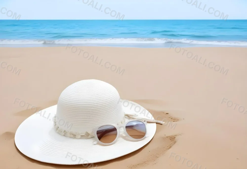 A White Sun Hat With Sunglasses On The Sand Blue Sea And Clear Sky In The Background Summer Vacation Concept Beach Scene 3 0945