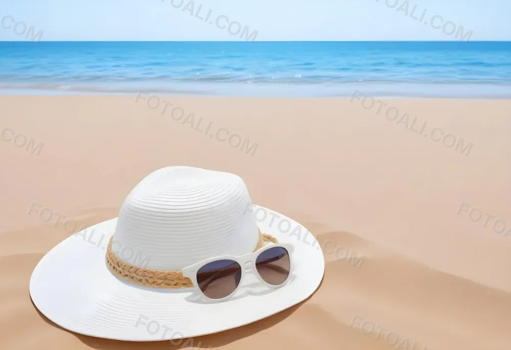 A White Sun Hat With Sunglasses On The Sand Blue Sea And Clear Sky In The Background Summer Vacation Concept Beach Scene 5 Dcdb