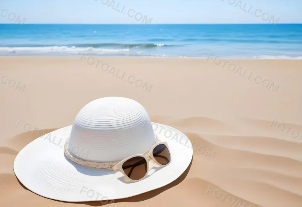 A White Sun Hat With Sunglasses On The Sand Blue Sea And Clear Sky In The Background Summer Vacation Concept Beach Scene 6 3bfd