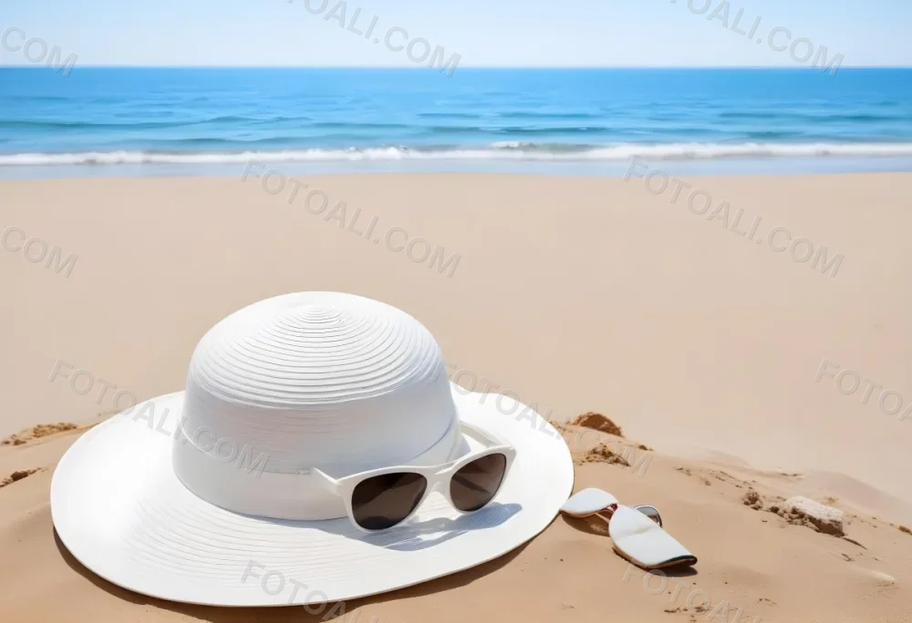 A White Sun Hat With Sunglasses On The Sand Blue Sea And Clear Sky In The Background Summer Vacation Concept Beach Scene 9 606a
