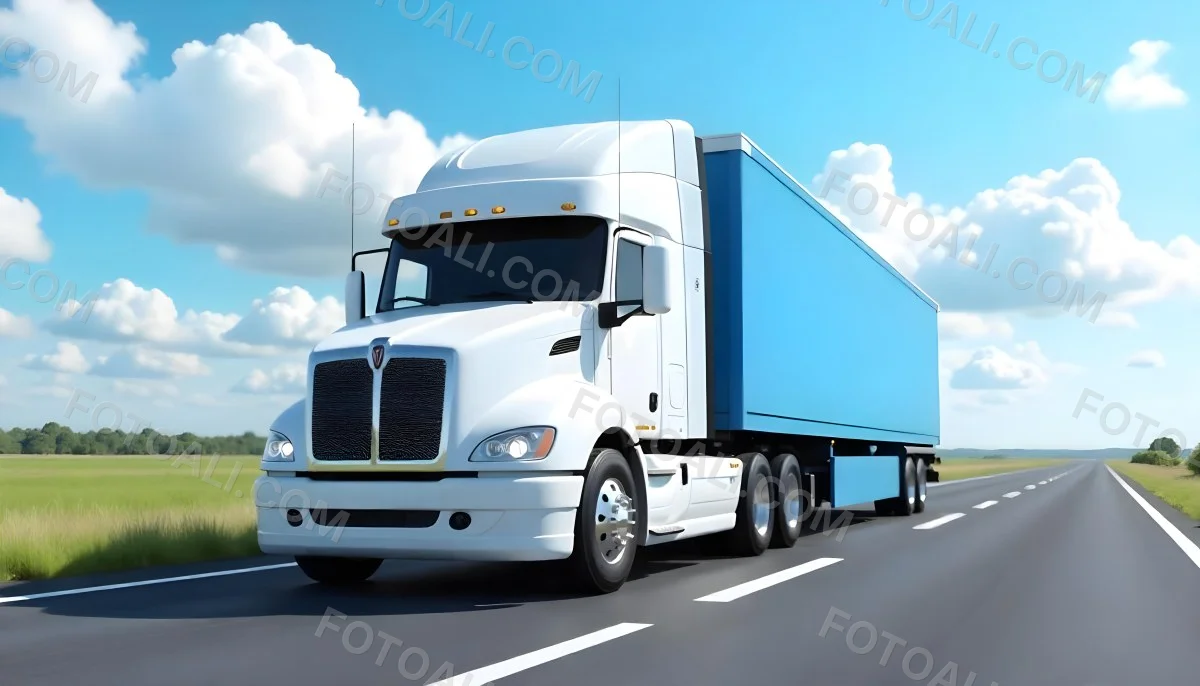 A White Truck On An Asphalt Road With A White Grille And A Blue Container Under A Blue Sky With White Clouds 1 96ac