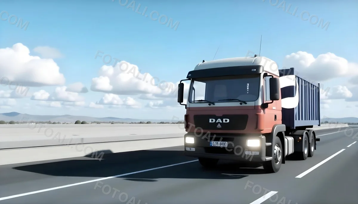 A White Truck On An Asphalt Road With A White Grille And A Blue Container Under A Blue Sky With White Clouds 12 F4cd