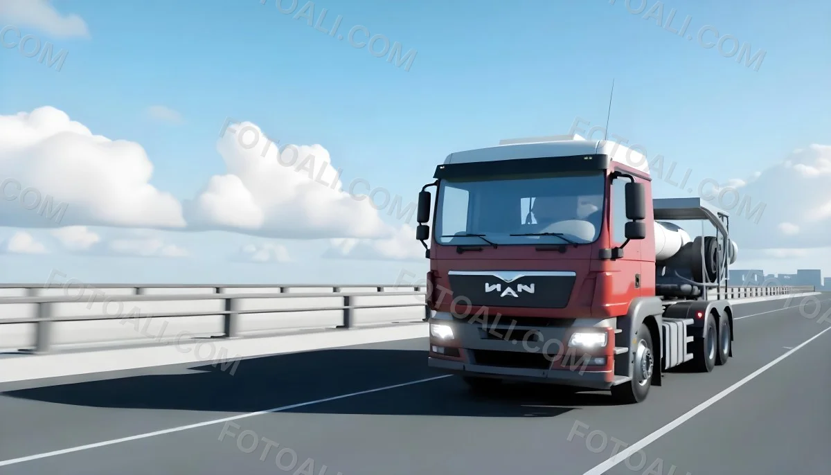 A White Truck On An Asphalt Road With A White Grille And A Blue Container Under A Blue Sky With White Clouds 14 7244