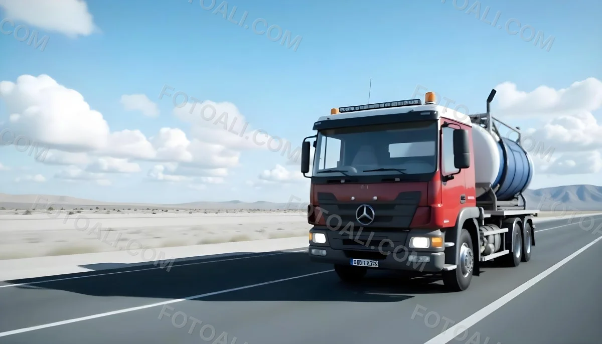 A White Truck On An Asphalt Road With A White Grille And A Blue Container Under A Blue Sky With White Clouds 18 De20