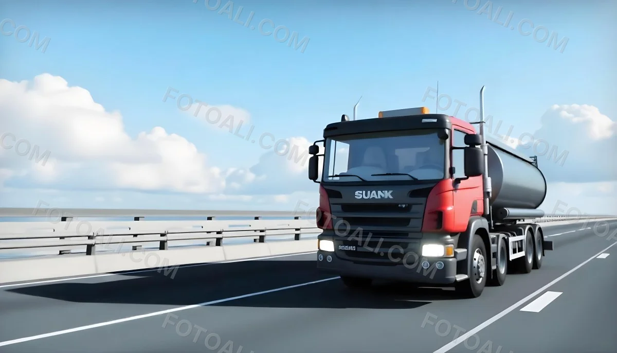 A White Truck On An Asphalt Road With A White Grille And A Blue Container Under A Blue Sky With White Clouds 21 E84d