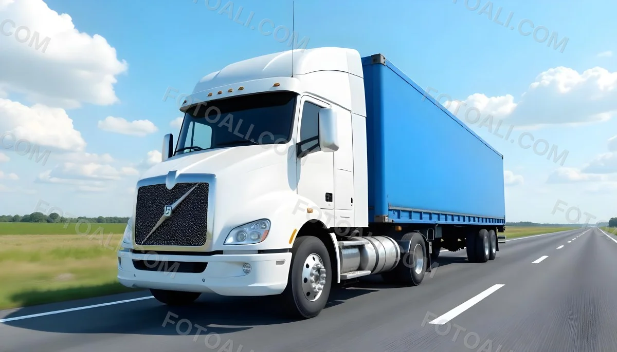 A White Truck On An Asphalt Road With A White Grille And A Blue Container Under A Blue Sky With White Clouds 26 C771