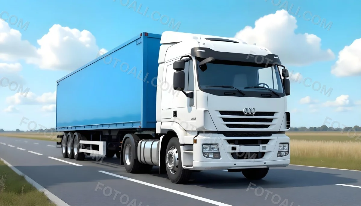 A White Truck On An Asphalt Road With A White Grille And A Blue Container Under A Blue Sky With White Clouds 28 5efb