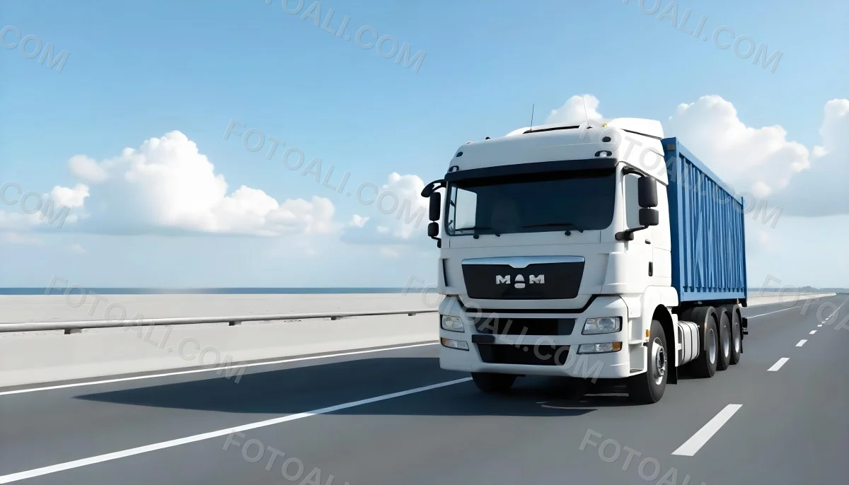 A White Truck On An Asphalt Road With A White Grille And A Blue Container Under A Blue Sky With White Clouds 30 7bb7
