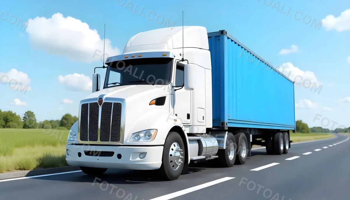 A White Truck On An Asphalt Road With A White Grille And A Blue Container Under A Blue Sky With White Clouds 31 C753