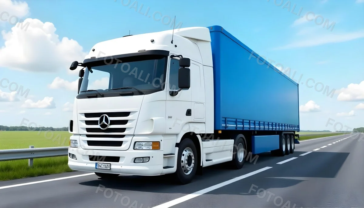 A White Truck On An Asphalt Road With A White Grille And A Blue Container Under A Blue Sky With White Clouds 32 902c