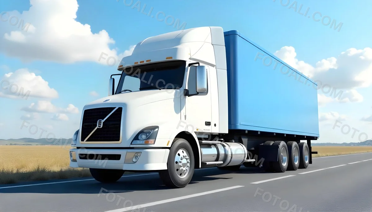 A White Truck On An Asphalt Road With A White Grille And A Blue Container Under A Blue Sky With White Clouds 33 8d9a