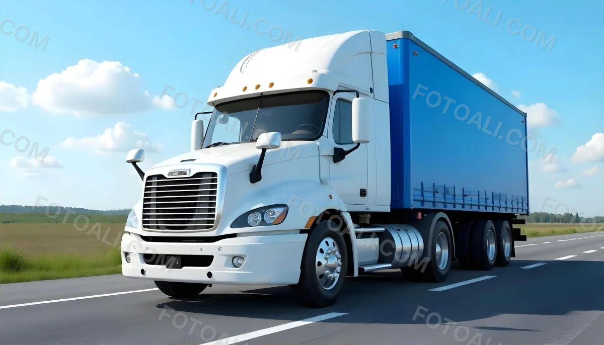 A White Truck On An Asphalt Road With A White Grille And A Blue Container Under A Blue Sky With White Clouds 34 Fb2f