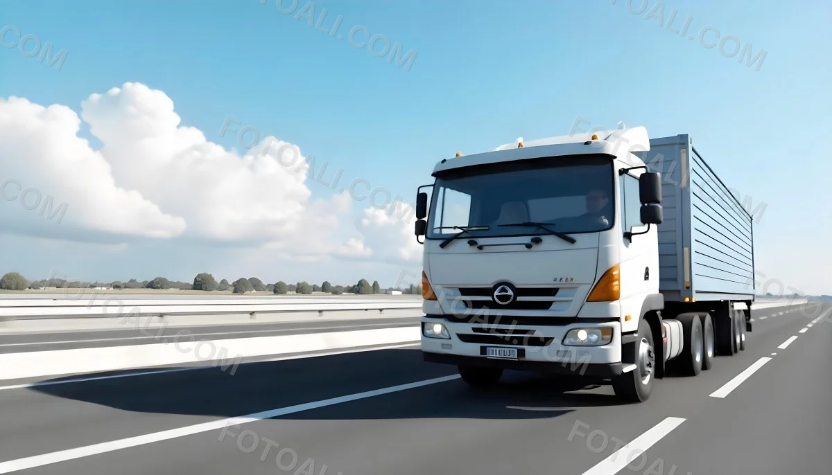 A White Truck On An Asphalt Road With A White Grille And A Blue Container Under A Blue Sky With White Clouds 35 Aa10