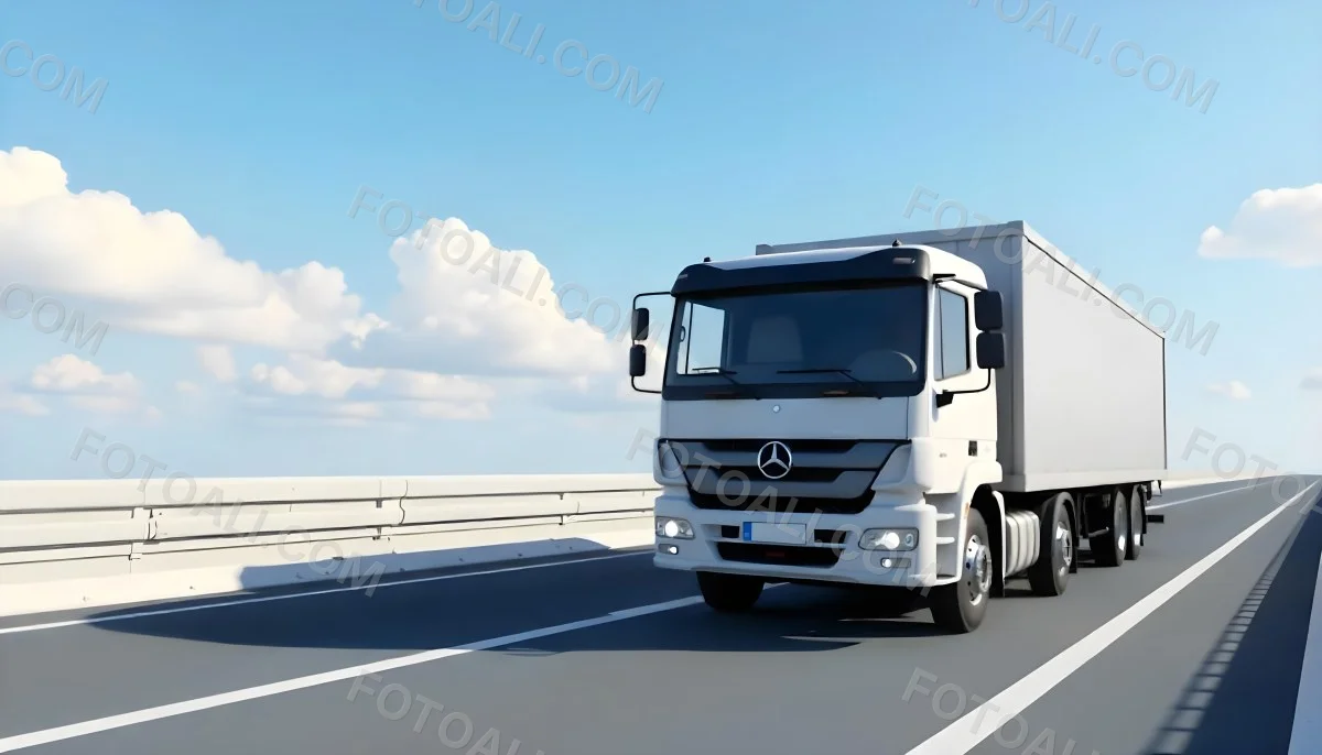 A White Truck On An Asphalt Road With A White Grille And A Blue Container Under A Blue Sky With White Clouds 36 05b9