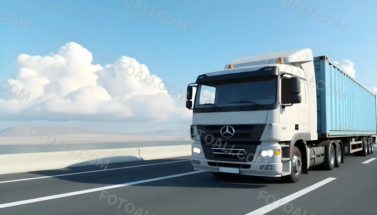 A White Truck On An Asphalt Road With A White Grille And A Blue Container Under A Blue Sky With White Clouds 4 304e
