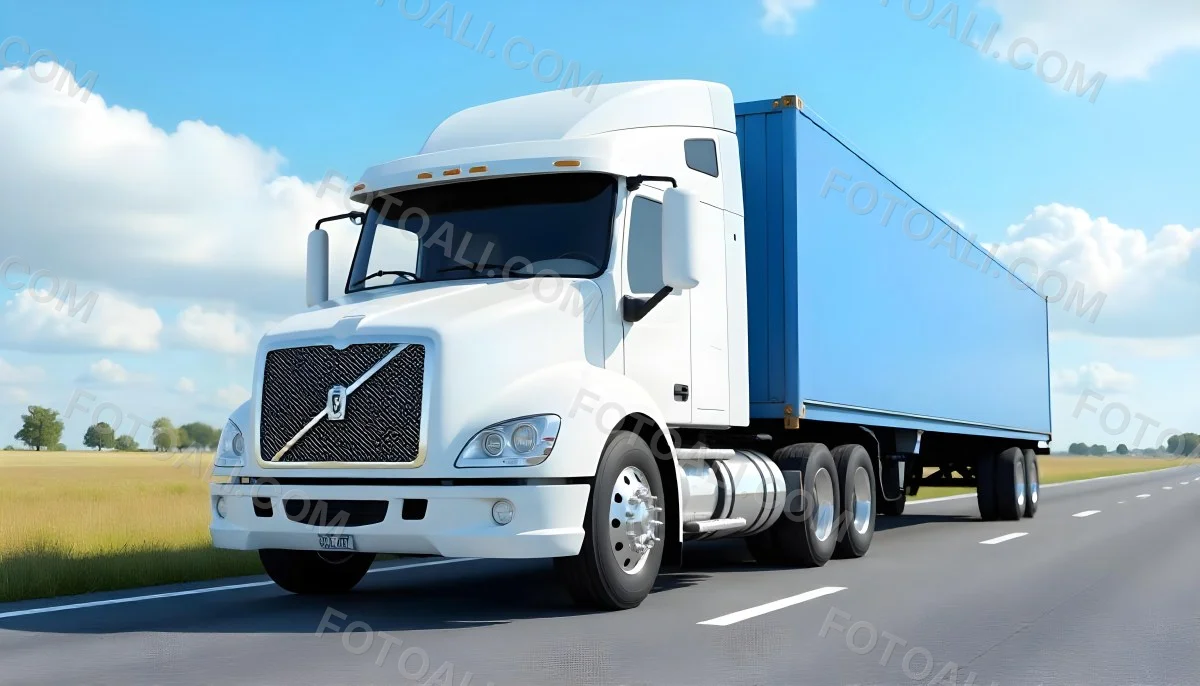 A White Truck On An Asphalt Road With A White Grille And A Blue Container Under A Blue Sky With White Clouds 5 Fb27