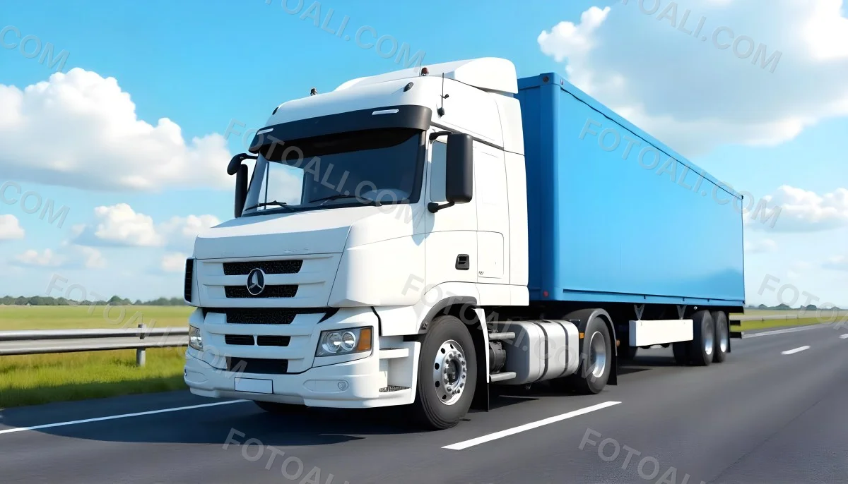 A White Truck On An Asphalt Road With A White Grille And A Blue Container Under A Blue Sky With White Clouds 6 Fe7d