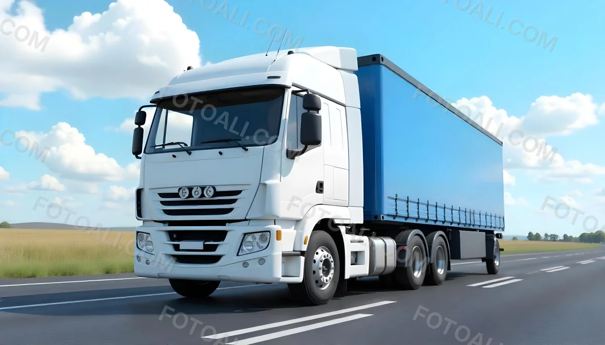 A White Truck On An Asphalt Road With A White Grille And A Blue Container Under A Blue Sky With White Clouds 7 A27a