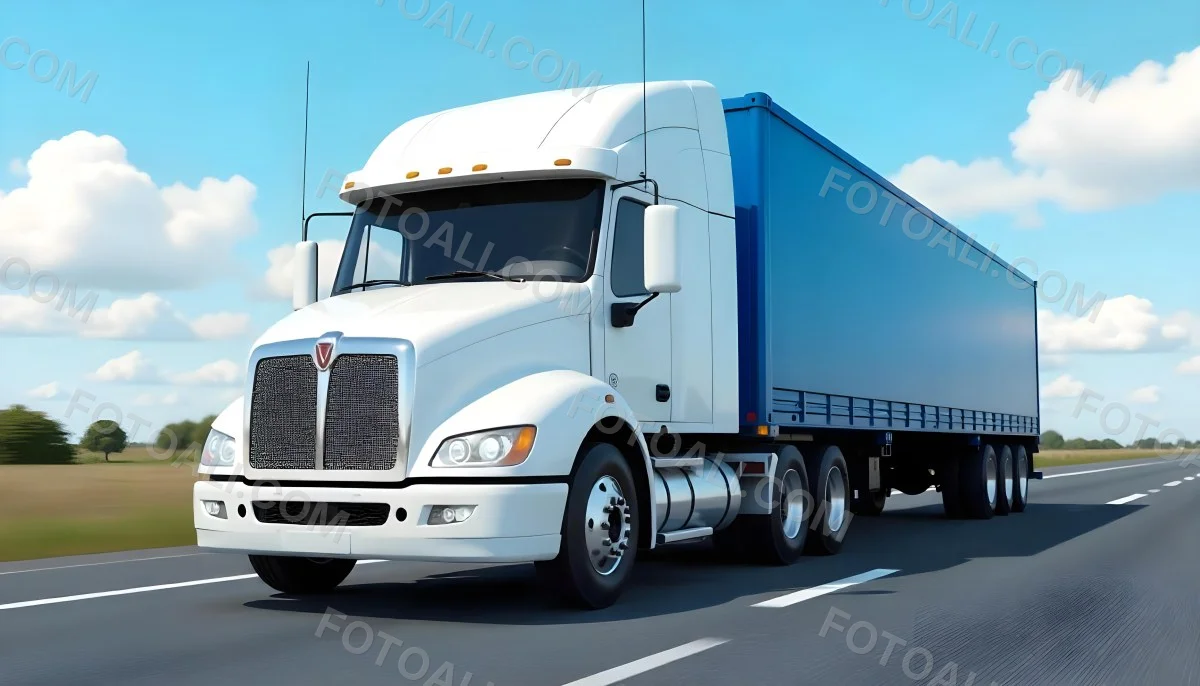 A White Truck On An Asphalt Road With A White Grille And A Blue Container Under A Blue Sky With White Clouds 8 381d