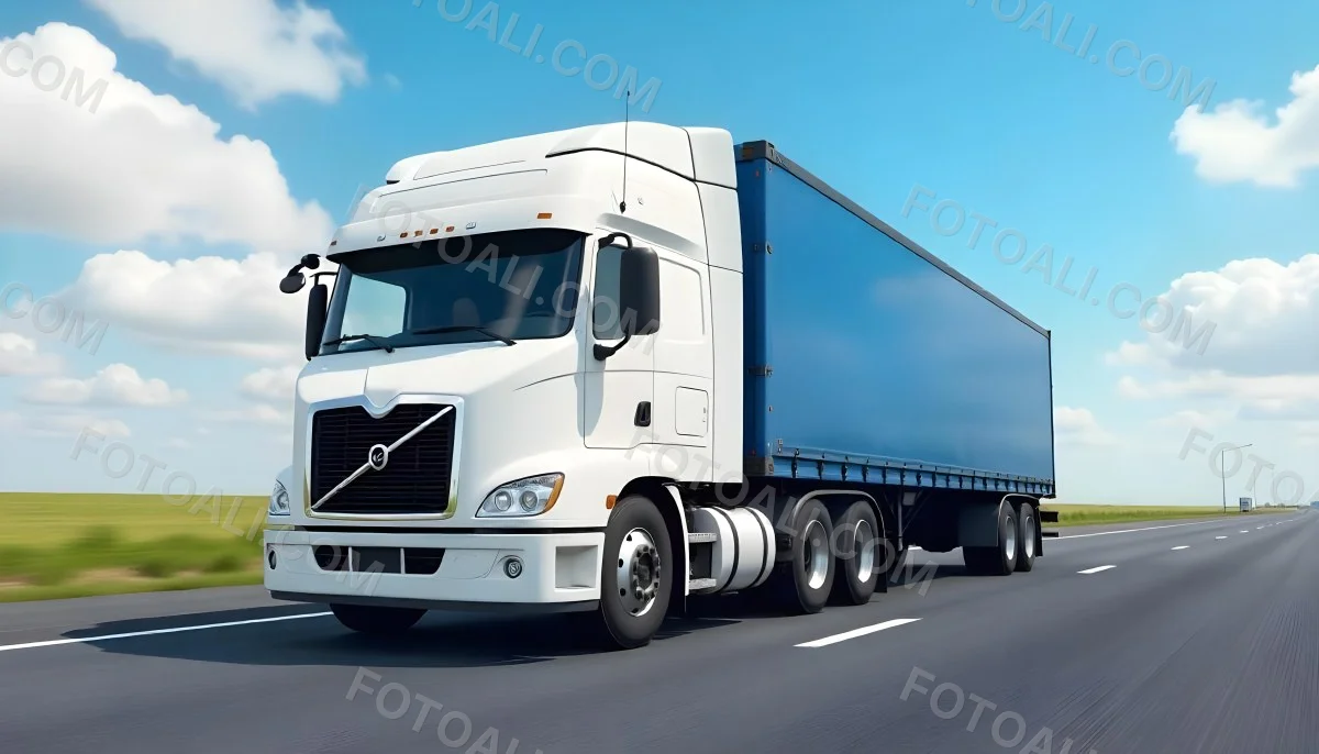 A White Truck On An Asphalt Road With A White Grille And A Blue Container Under A Blue Sky With White Clouds 9 6cc4