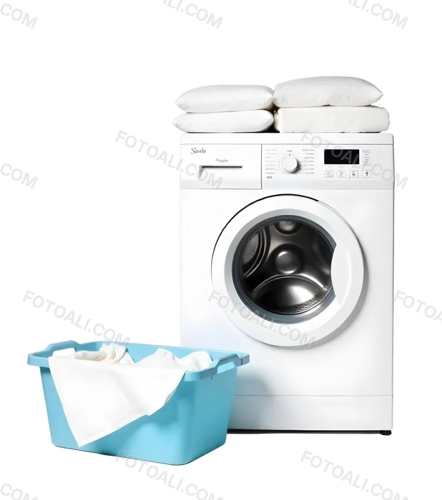 A White Washing Machine With Three White Pillows And Three Towels On Top A Blue Basket With White Clothes On A White Background 19 3891