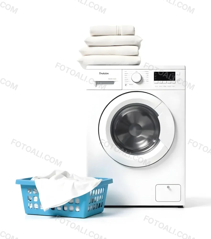 A White Washing Machine With Three White Pillows And Three Towels On Top A Blue Basket With White Clothes On A White Background 58 D960