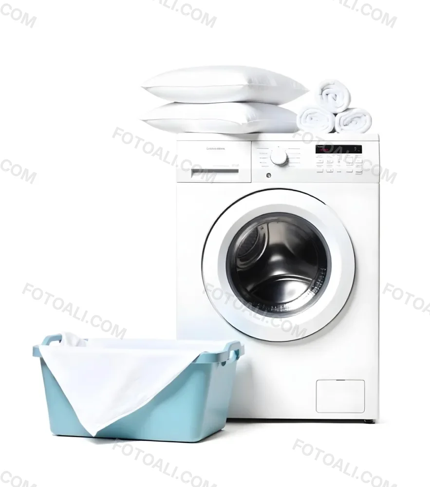 A White Washing Machine With Three White Pillows And Three Towels On Top A Blue Basket With White Clothes On A White Background 62 8c48