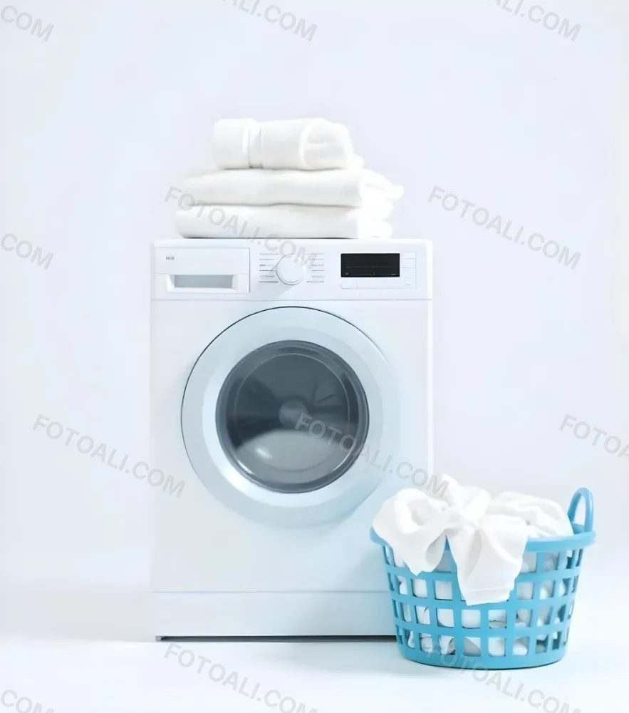 A White Washing Machine With Three White Pillows And Three Towels On Top A Blue Basket With White Clothes On A White Background 65 A58c