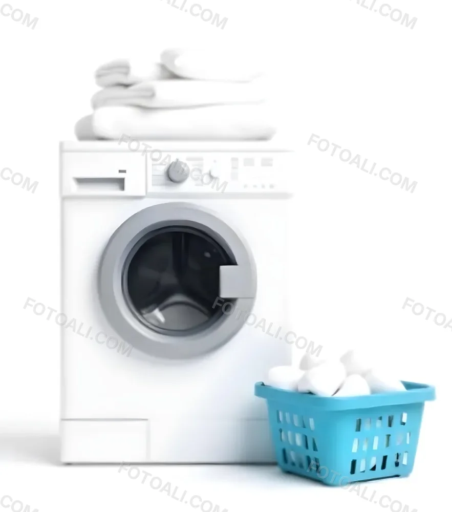 A White Washing Machine With Three White Pillows And Three Towels On Top A Blue Basket With White Clothes On A White Background 66 A334