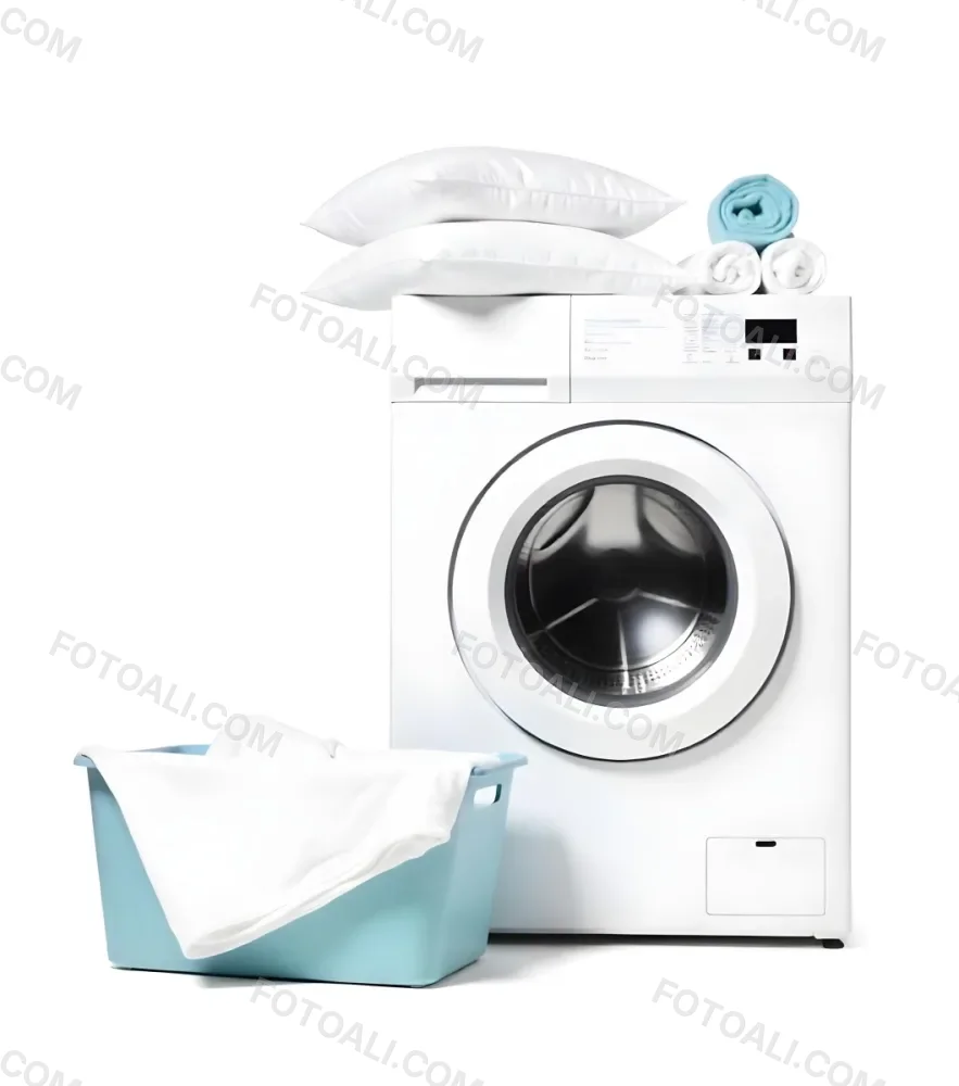 A White Washing Machine With Three White Pillows And Three Towels On Top A Blue Basket With White Clothes On A White Background 8 Acae