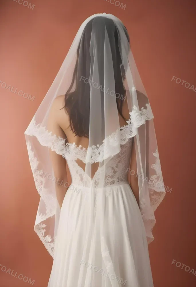 A White Wedding Dress With A Long Flowing Veil Featuring Lace Detailing 3 4af8