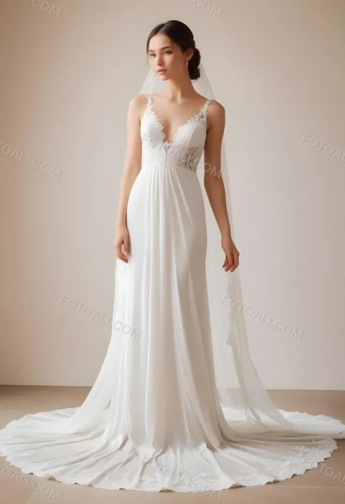 A White Wedding Dress With A Long Flowing Veil Featuring Lace Detailing 7 196f