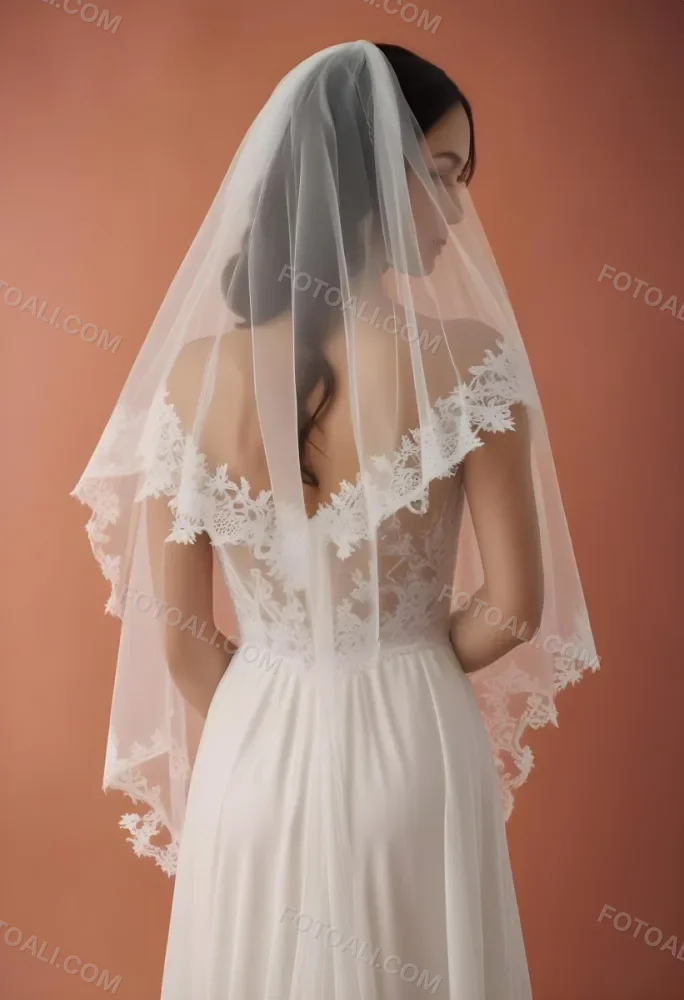 A White Wedding Dress With A Long Flowing Veil Featuring Lace Detailing 8 D018