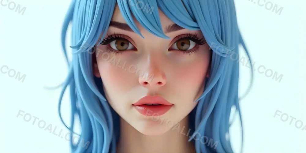 A White Woman 22 Years Old Blue Hair Brown Lips Brown Eyes In A White Background 14 4a18