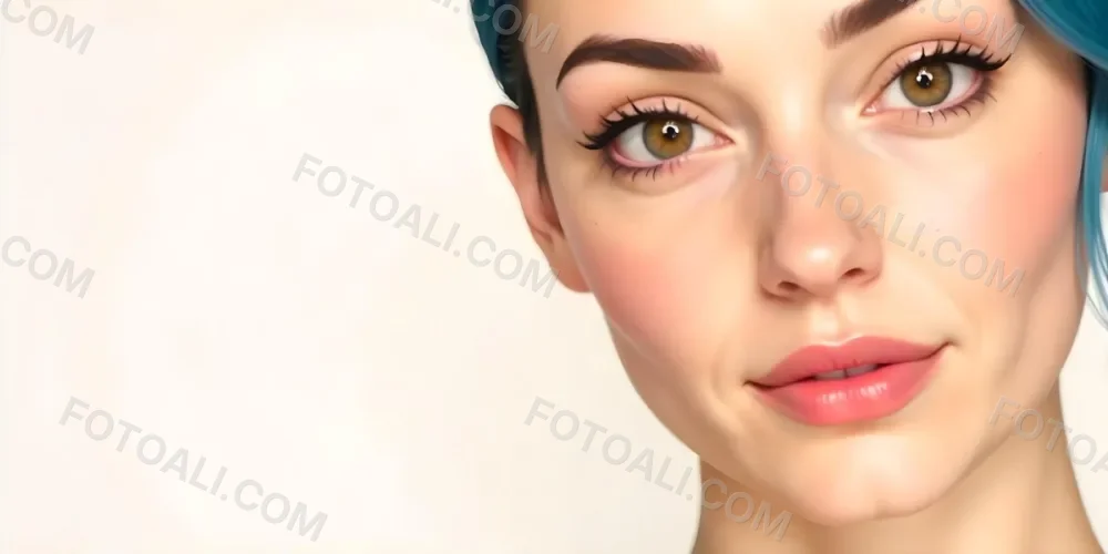 A White Woman 22 Years Old Blue Hair Brown Lips Brown Eyes In A White Background 3 1a0f