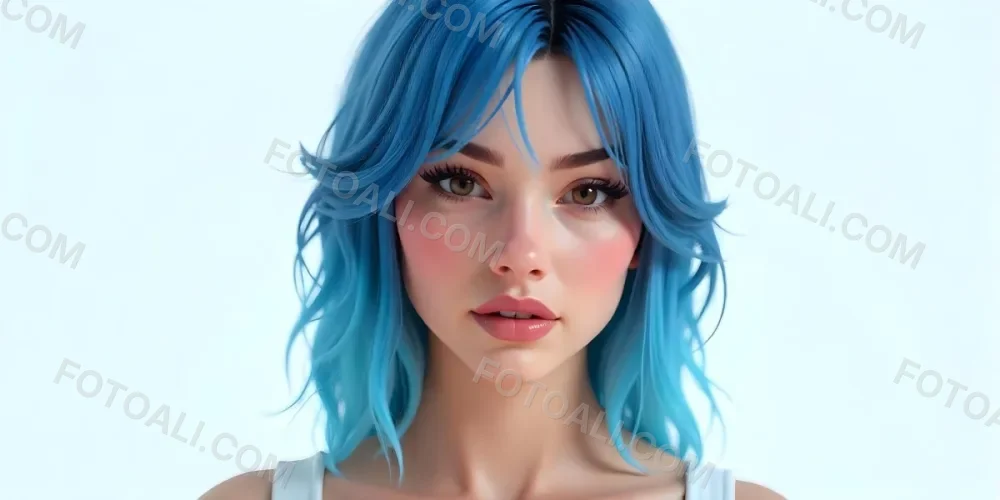 A White Woman 22 Years Old Blue Hair Brown Lips Brown Eyes In A White Background 4 8e05