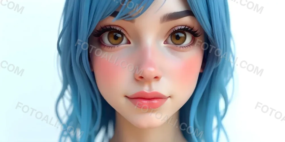 A White Woman 22 Years Old Blue Hair Brown Lips Brown Eyes In A White Background 6 769b