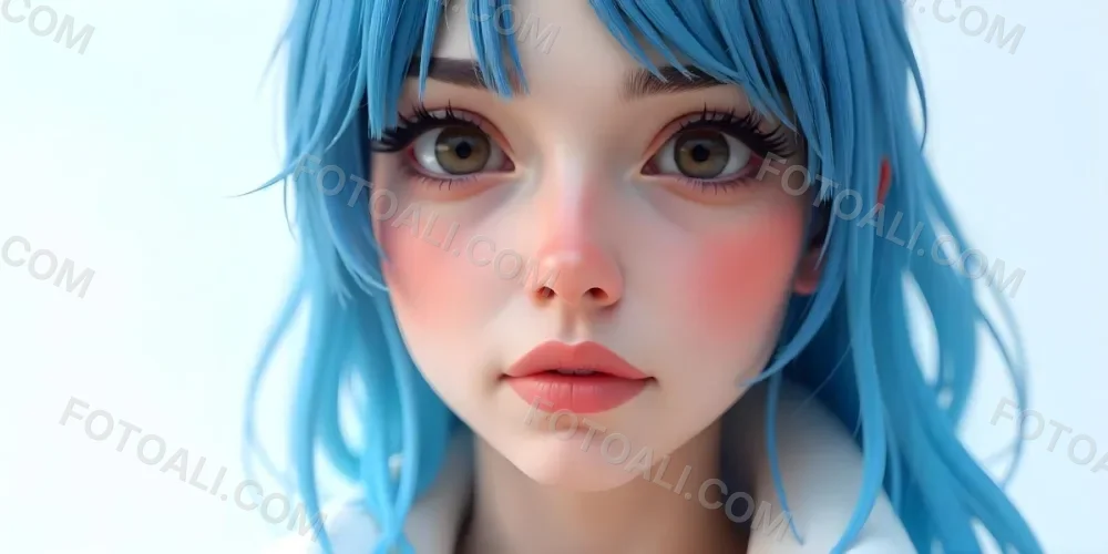 A White Woman 22 Years Old Blue Hair Brown Lips Brown Eyes In A White Background 7 2638