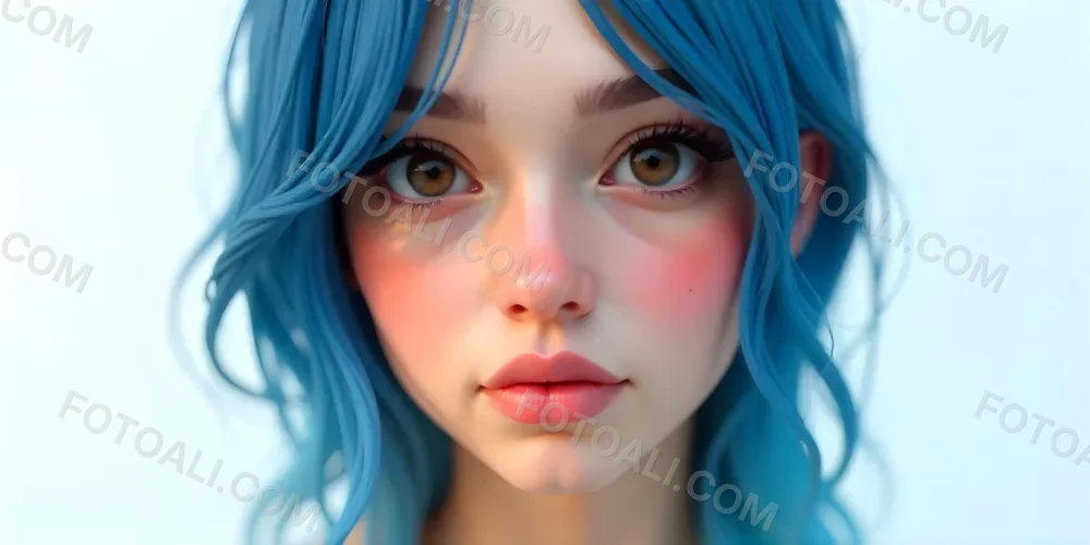 A White Woman 22 Years Old Blue Hair Brown Lips Brown Eyes In A White Background 8 8a5a