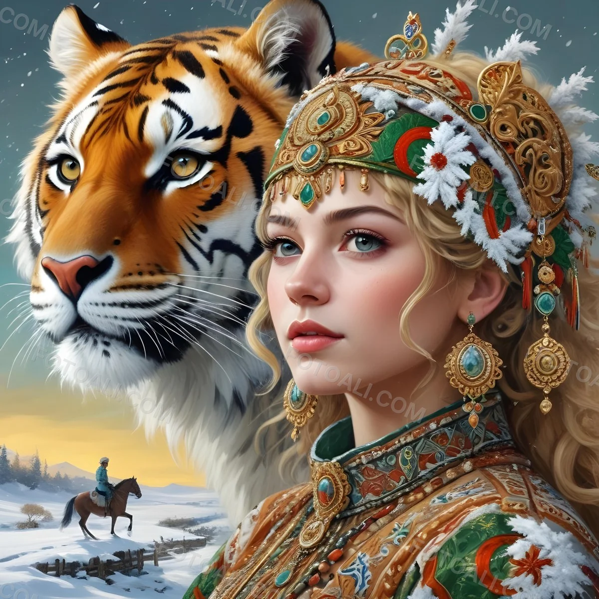 A White Woman 22 Years Old With Curly Blonde Hair Wearing A Traditional Algerian Dress And Jewelry A Tiger Behind Her A Man Riding A Horse In A Snowy Landscape 1 1b81
