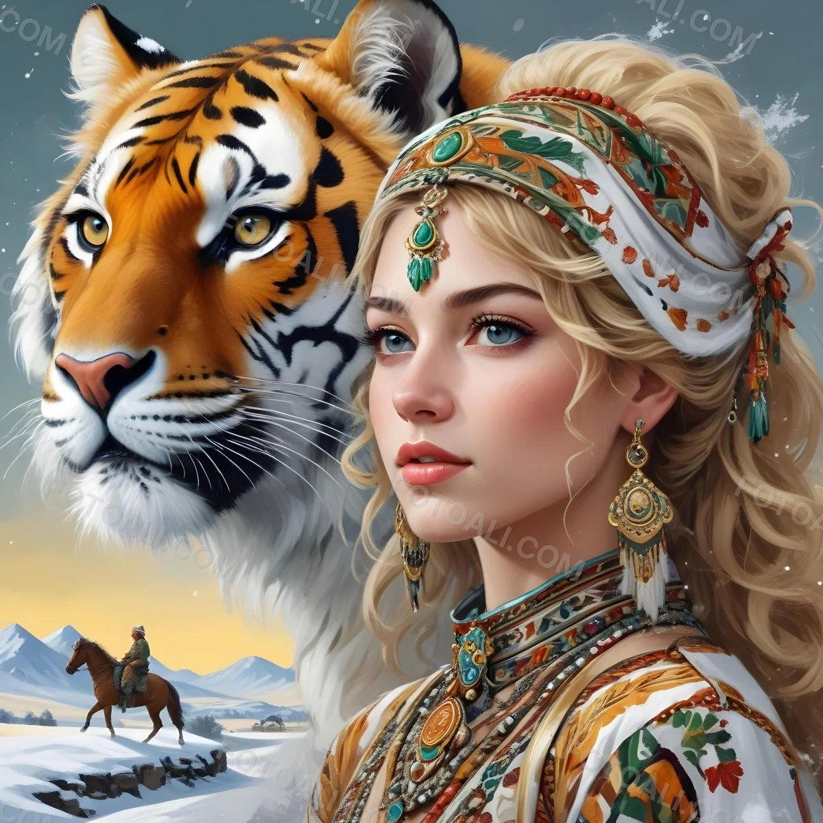 A White Woman 22 Years Old With Curly Blonde Hair Wearing A Traditional Algerian Dress And Jewelry A Tiger Behind Her A Man Riding A Horse In A Snowy Landscape 16 1b1a