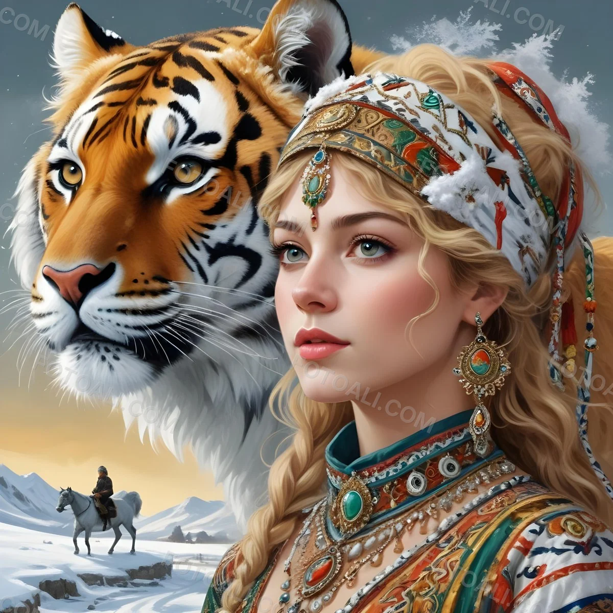 A White Woman 22 Years Old With Curly Blonde Hair Wearing A Traditional Algerian Dress And Jewelry A Tiger Behind Her A Man Riding A Horse In A Snowy Landscape 3 B774