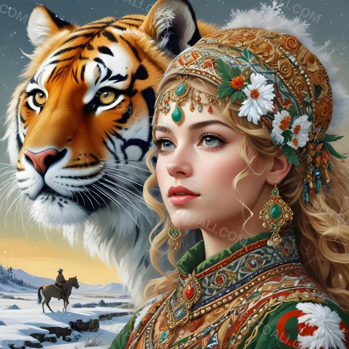 A White Woman 22 Years Old With Curly Blonde Hair Wearing A Traditional Algerian Dress And Jewelry A Tiger Behind Her A Man Riding A Horse In A Snowy Landscape 5 456f