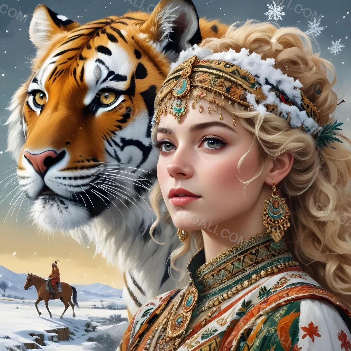 A White Woman 22 Years Old With Curly Blonde Hair Wearing A Traditional Algerian Dress And Jewelry A Tiger Behind Her A Man Riding A Horse In A Snowy Landscape 6 Ac87