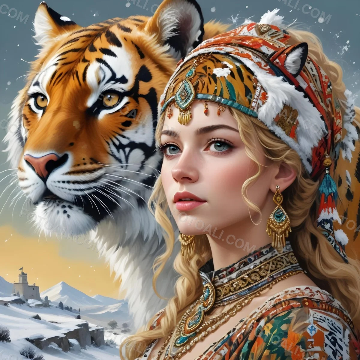 A White Woman 22 Years Old With Curly Blonde Hair Wearing A Traditional Algerian Dress And Jewelry A Tiger Behind Her A Man Riding A Horse In A Snowy Landscape 8 68c9